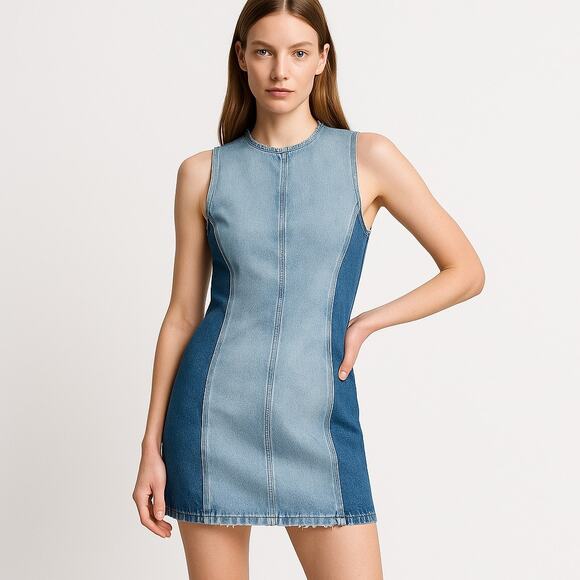 NEW Zara Blue Two Tone Denim Chambray Sleeveless Mini Bodycon Tank Jean Dress S - Picture 1 of 7